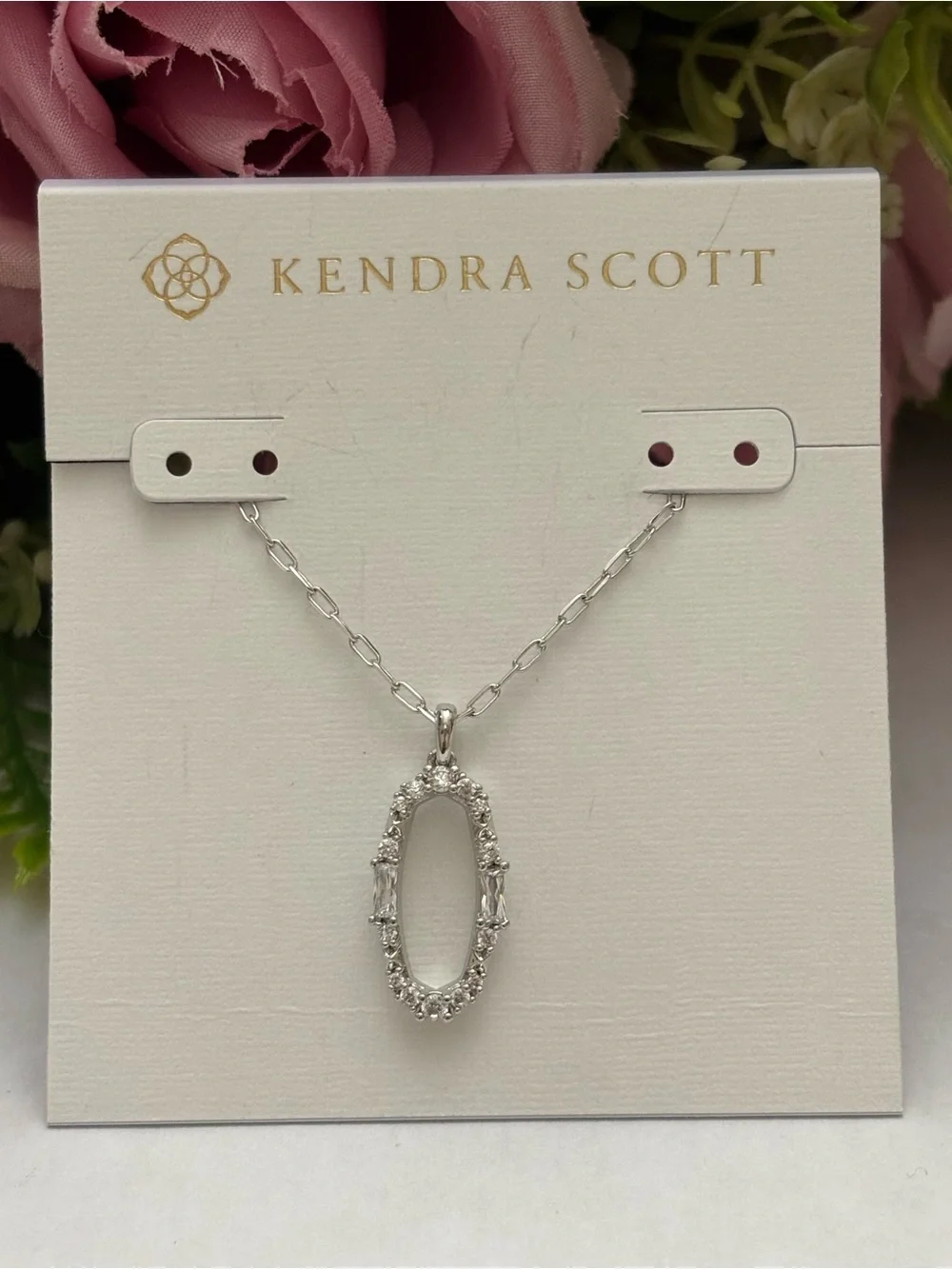 NWT Kendra Scott set of Essie Open Frame Earrings + necklace in silver White CZ